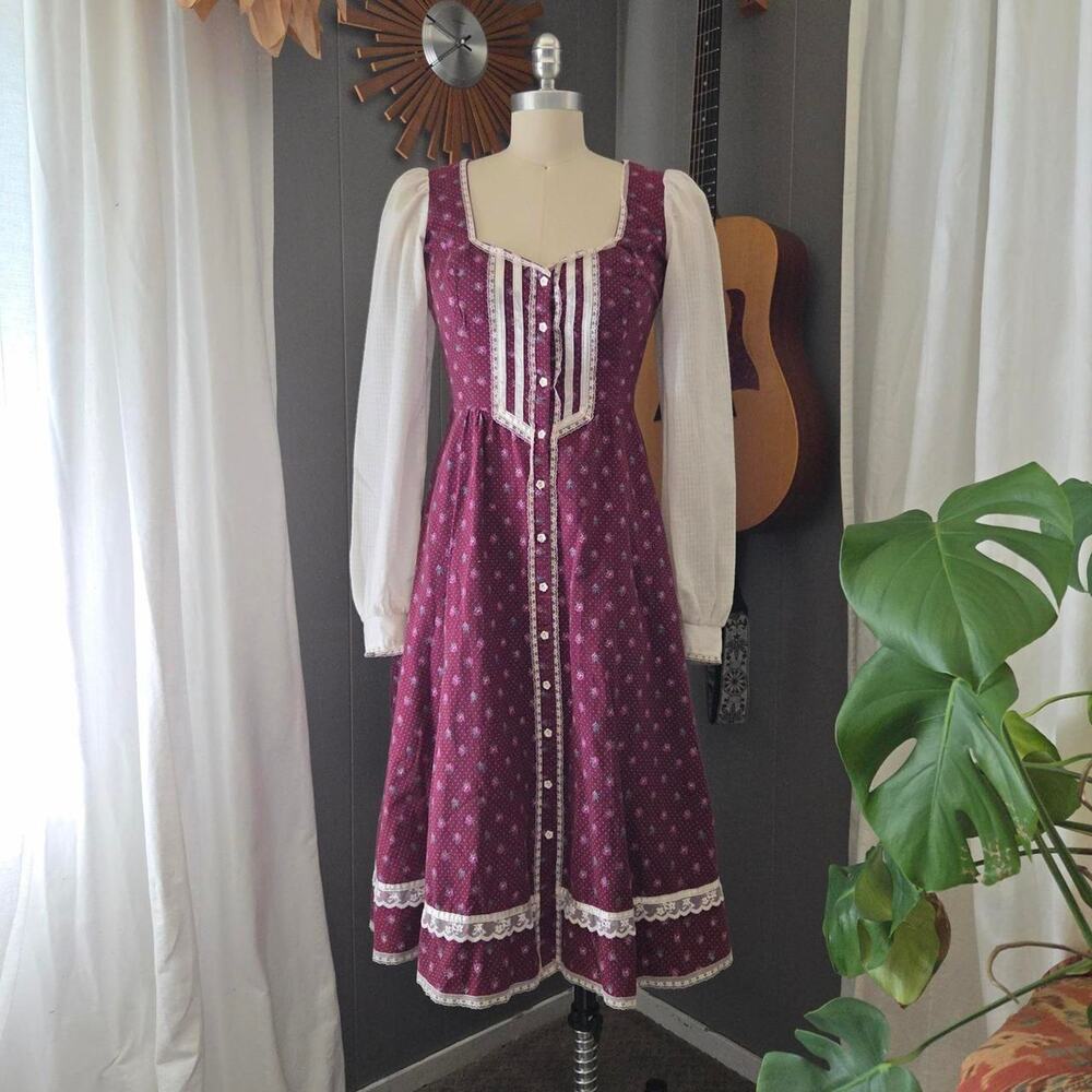 Gunne Sax Maroon Floral Midi Dress Size S 9 Button Up Corset Prairie Vintage 70s